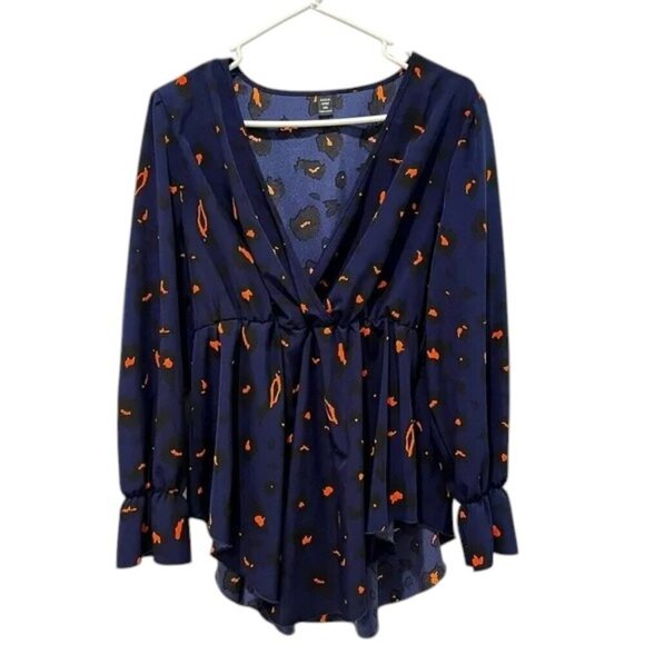 SHEIN Peplum Top Blue and Pink Cheetah Print Women’s Size 0XL - Picture 1 of 2